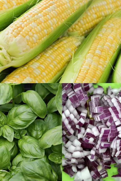 Corn, basil, and red onion