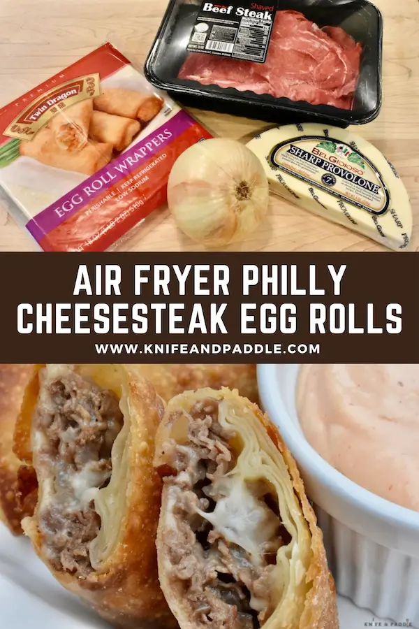 Egg roll wrappers, beef steak, provolone, onion