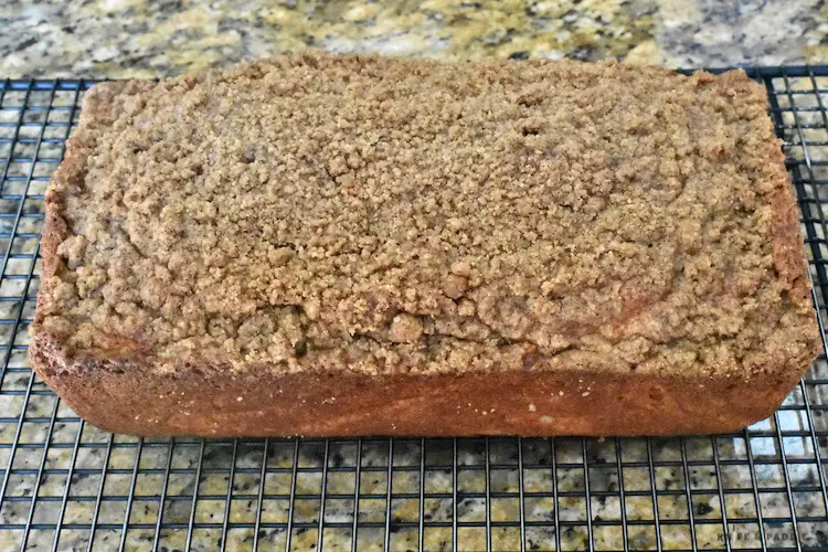 Apple Cinnamon Loaf with Streusel Topping on a wire rack