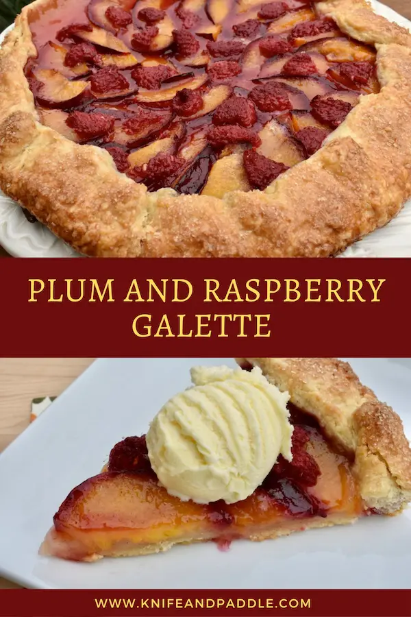 Plum and Raspberry Galette whole and sliced on a plate with ice cream