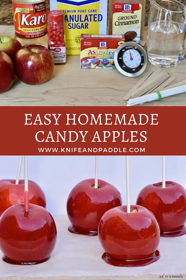 Apples, light Karo syrup, sugar, cinnamon, water, lollipop sticks, popsicle sticks, candy thermometer, food coloring and red cinnamon candies
