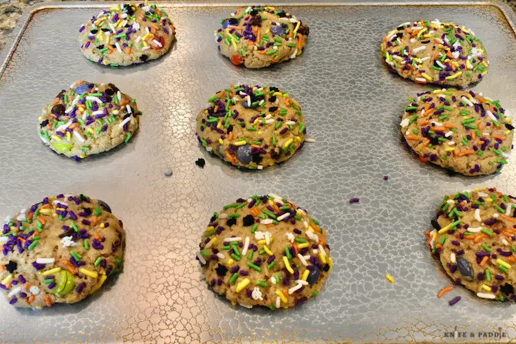 Halloween Monster Cookies on a baking sheet