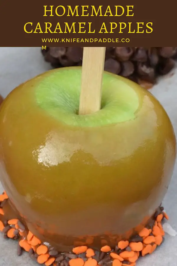Homemade Caramel Apple with orange and brown sprinkles