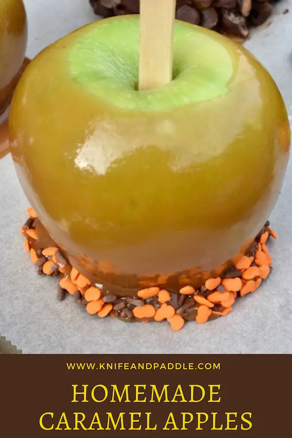 Homemade Caramel Apple with brown and orange sprinkles