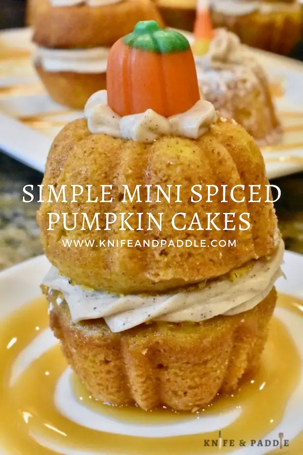Simple Mini Spiced Pumpkin Cakes with caramel drizzle on a plate