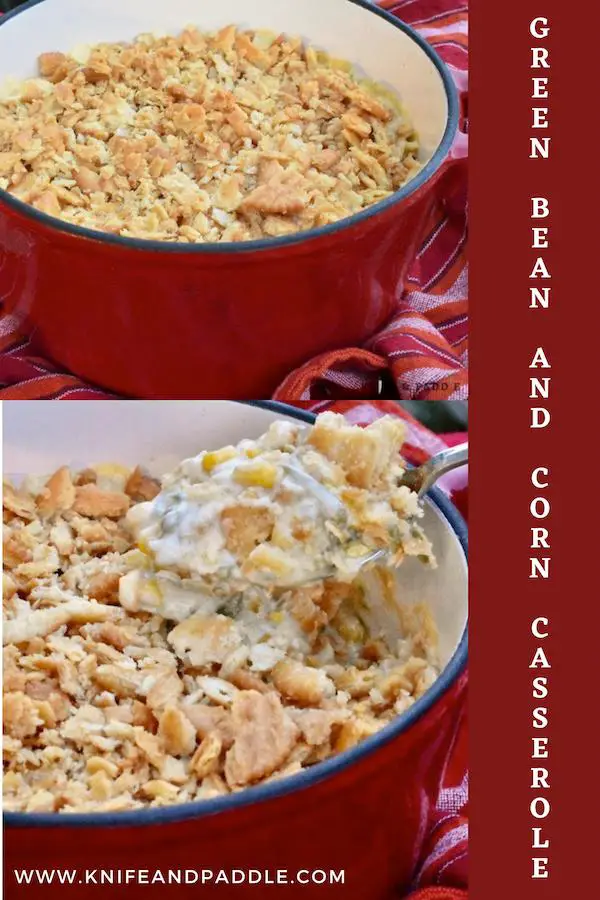 Green bean and corn casserole in a baking dish