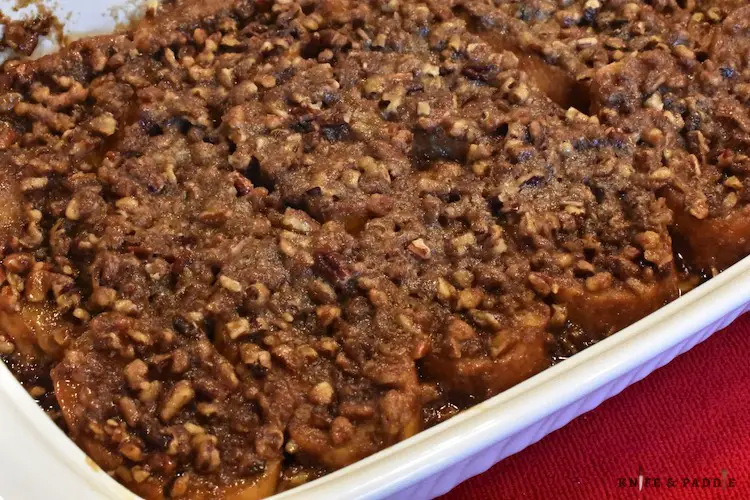 Overnight baked french toast casserole with praline topping