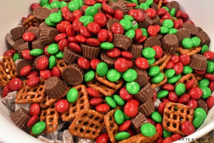 Red and green M&M's, pretzels, and mini peanut butter cups