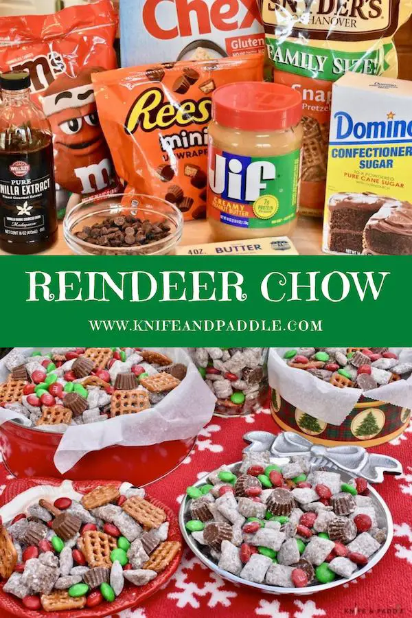 Pretzels, Rice Chex, min peanut butter cups, red and green M&M's, powdered sugar, peanut butter, butter, pure vanilla extract