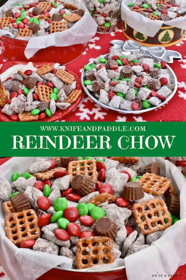 Reindeer chow in a variety of Christmas bowls and tins