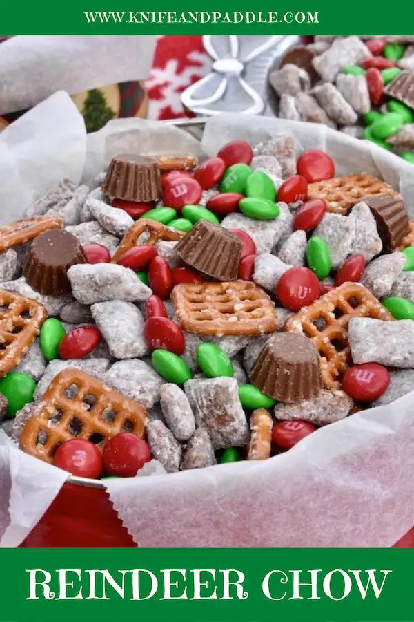 Pretzels, muddy buddies, min peanut butter cups and red and green M&M's
