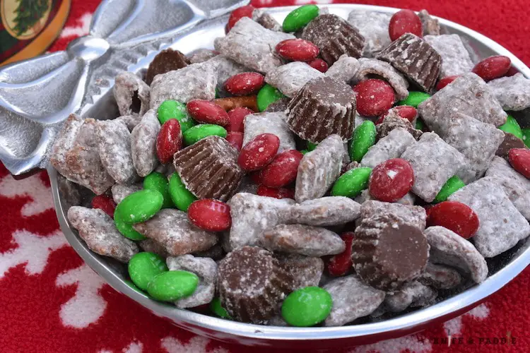 Reindeer Chow in a Christmas bowl