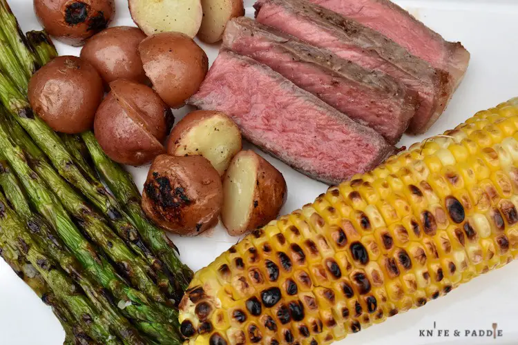Grilled Asparagus, potatoes, steak and grilled corn