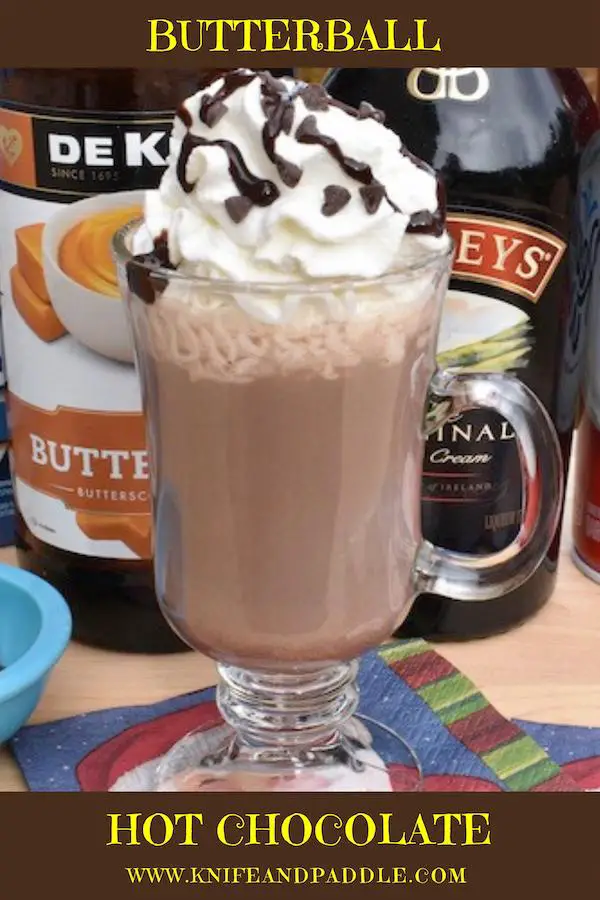Buttershots, Bailey's Irish Cream, Whipped Cream, Hot Chocolate, Chocolate syrup and mini-chocolate chips in a warm cocktail