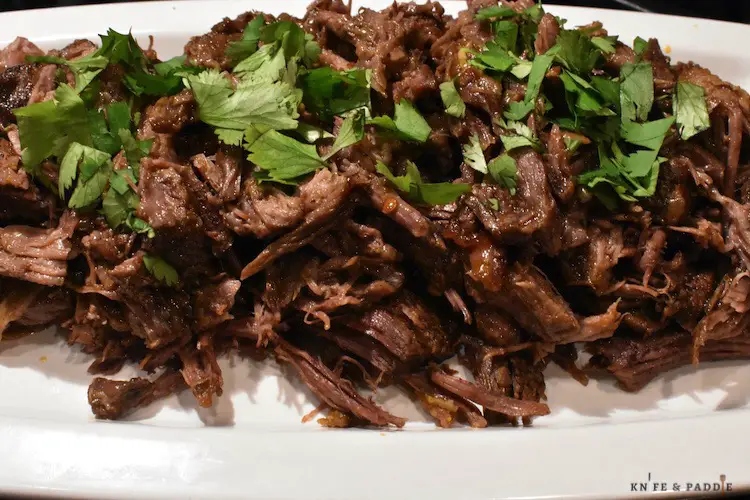 Shredded meat on a plate with cilantro for garnish