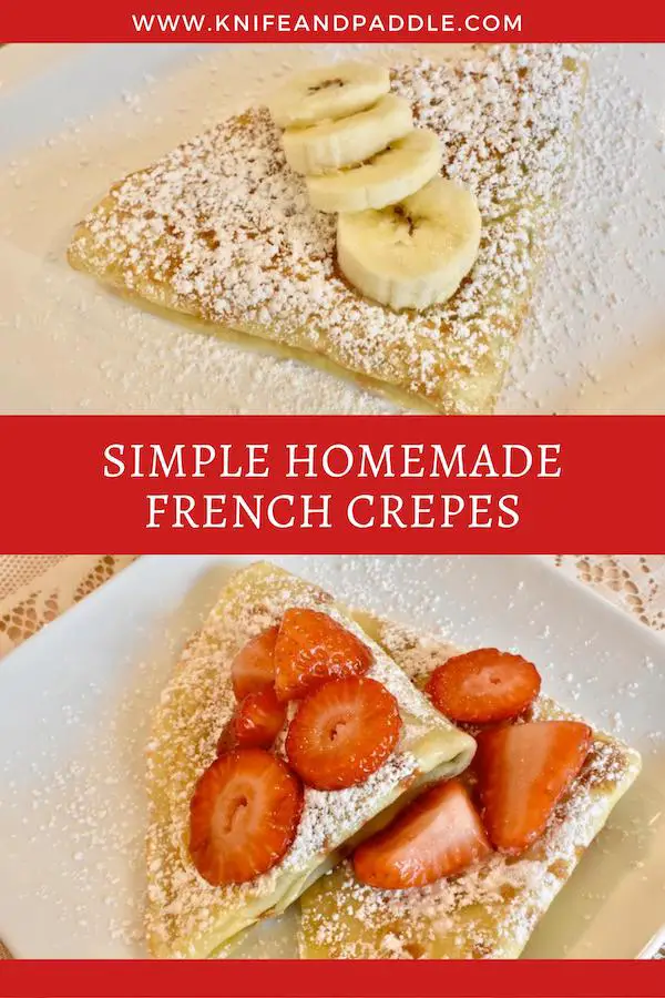 Simple Homemade French Crepes with Nutella filling topped with bananas and powdered sugar
