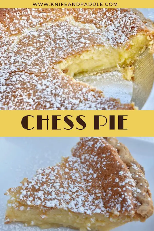 Chess pie and a slice of chess pie with powdered sugar on a plate