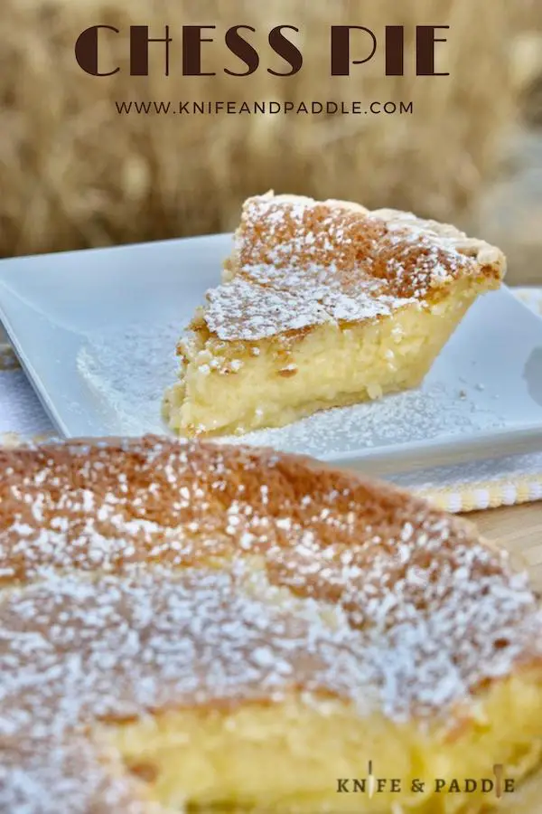 Chess pie and slice of pie with powdered sugar on a plate