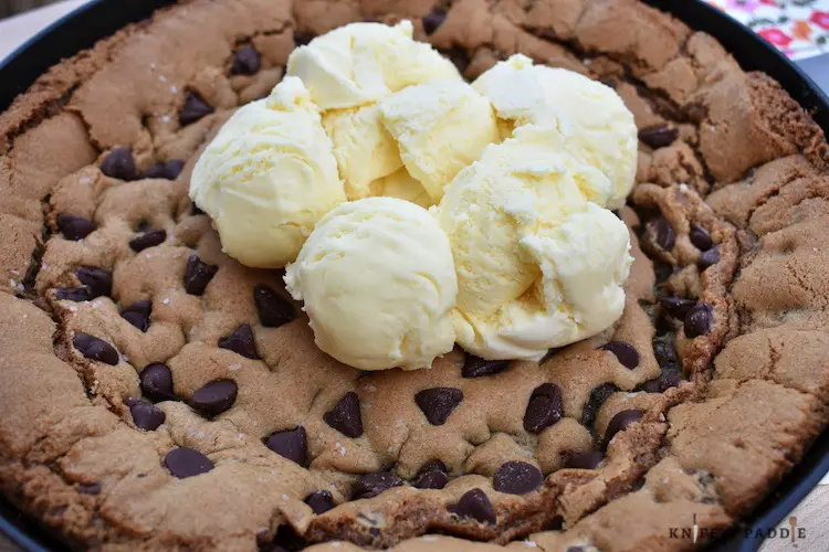 Deep Dish Chocolate Chip Skillet Cookie with vanilla ice cream
