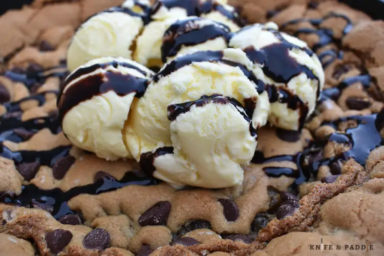 Deep Dish Chocolate Chip Skillet Cookie with vanilla ice cream