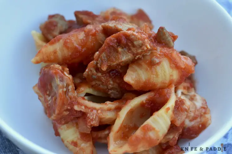 Shell pasta, sausage, tomato sauce and mozzarella cheese in a bowl