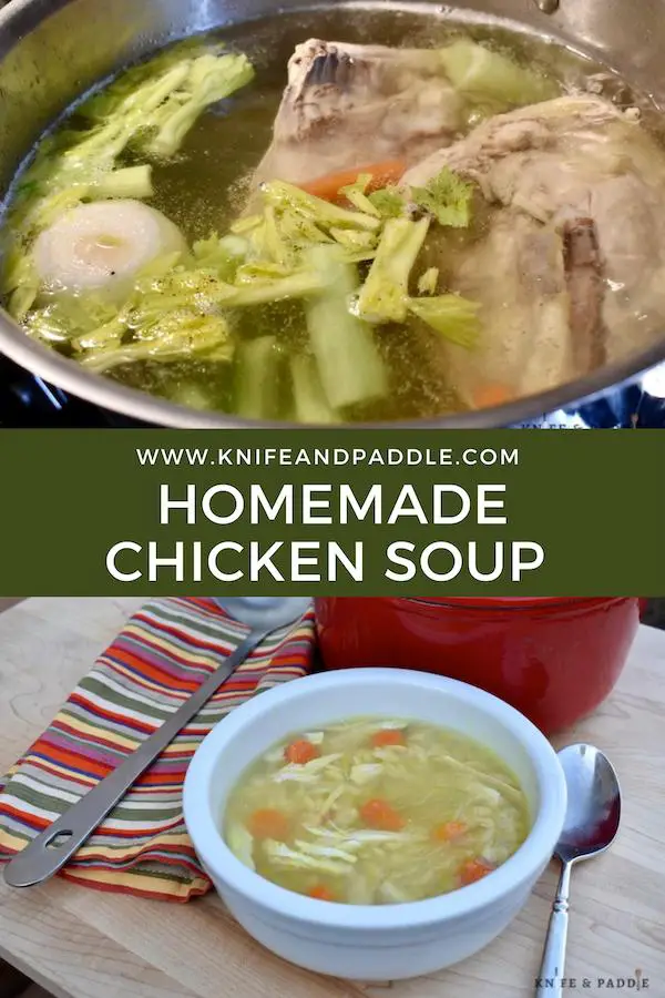 Homemade Chicken Soup in a stockpot and a bowl