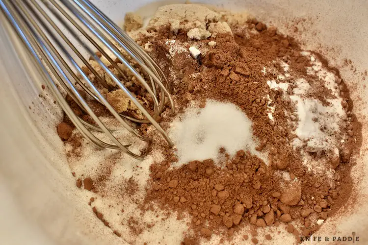 flour, sugar, light brown sugar, unsweetened cocoa powder, baking soda, and salt in a mixing bowl