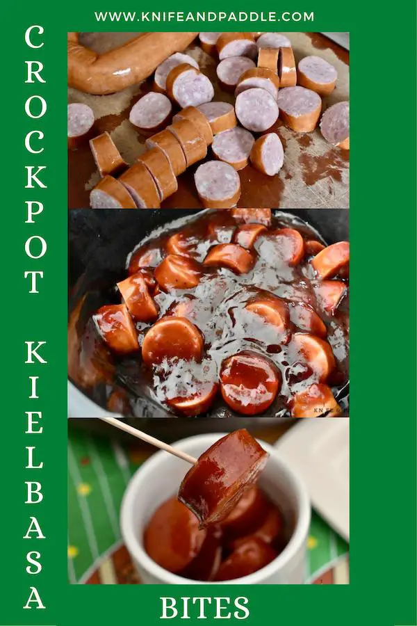 Simple Crockpot Kielbasa Bites in a slow cooker and served with a toothpick