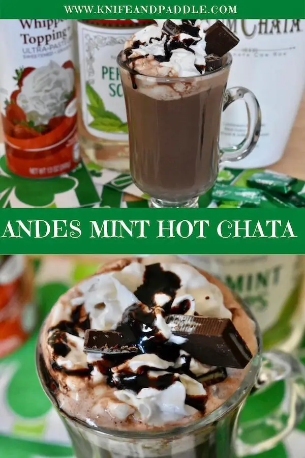 Whipped cream, peppermint schnapps, RunChata, sugar, chocolate sauce, milk, unsweetened cocoa powder chocolate chips and Andes mints