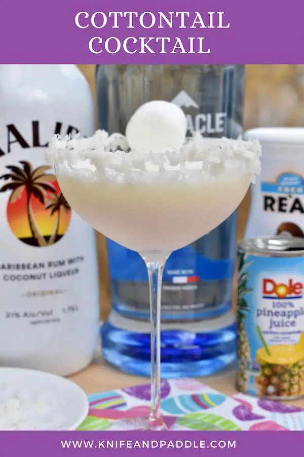 Malibu Rum, Whipped Cream Vodka, Cream of Coconut, pineapple juice, marshmallow and shredded coconut rimmed glass with a marshmallow tail