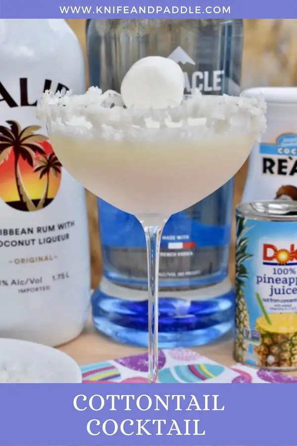 Malibu Rum, Whipped Cream Vodka, Cream of Coconut, pineapple juice, marshmallow and shredded coconut rimmed glass with a marshmallow tail