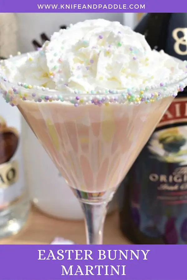 Cream de Cocoa, Malibu, Bailey's Irish Cream, Advocaat, in a glass rimmed with marshmallow topping and pastel nonpareils topped with whipped cream and pastel nonpareils