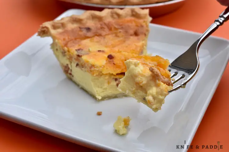 Easy Bacon and Cheese Quiche on a fork and on a plate