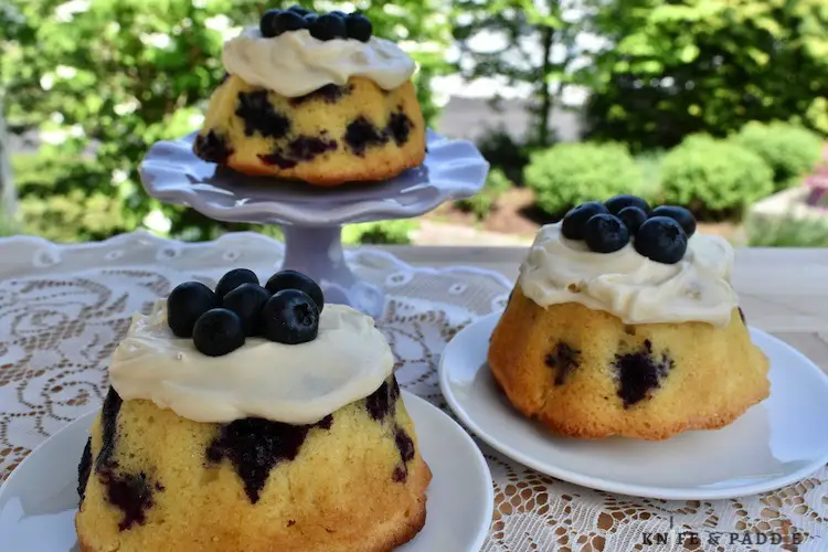 Mini Blueberry Bundt Cakes with cream cheese frosting on plates