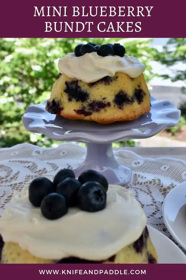 Mini Blueberry Bundt Cakes with cream cheese frosting on plates