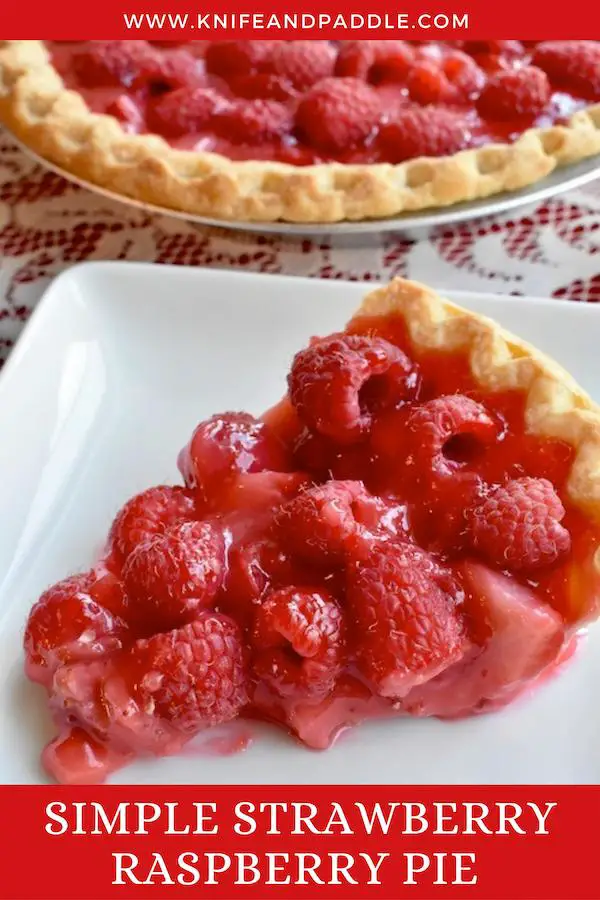 Strawberry Raspberry Pie in a pie plate on a slice on a plate