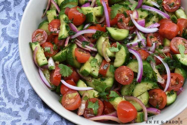 Tomatoes, cucumbers, red onion, homemade dressing in a bowl