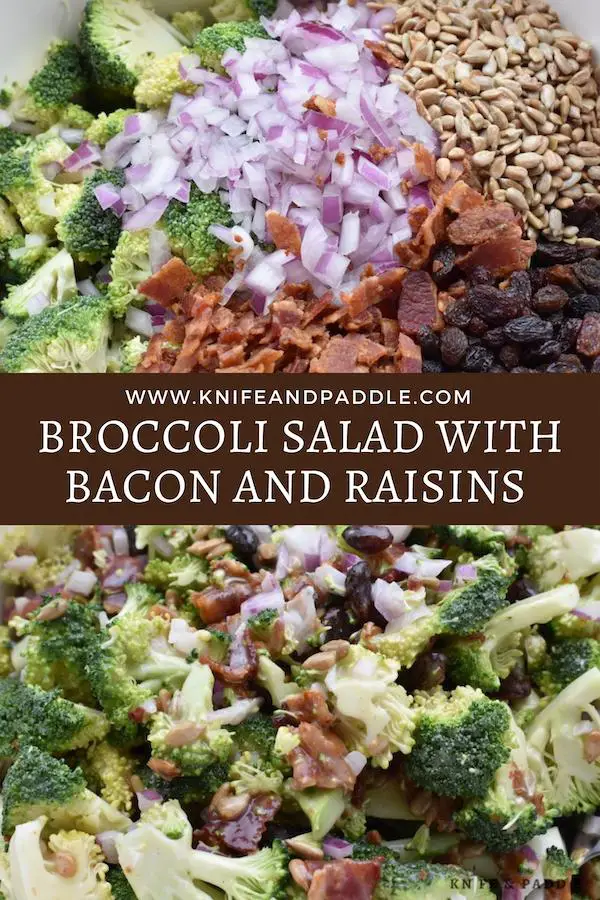 Broccoli, purple onion, chopped bacon, raisins and sunflower seeds with a mayonnaise dressing