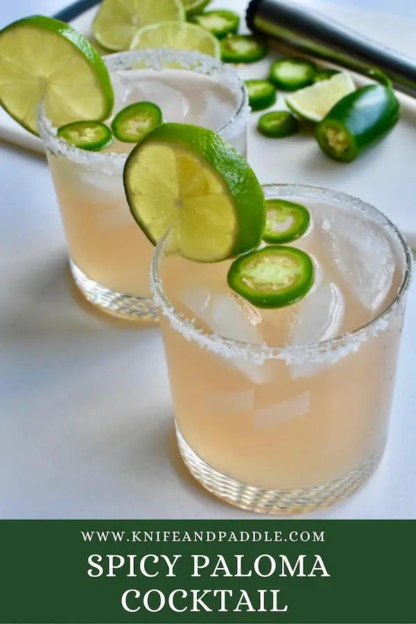 Jalapeños, lime, lime juice, grapefruit juice, grapefruit soda, simple sugar and tequila mixed in cocktail glasses