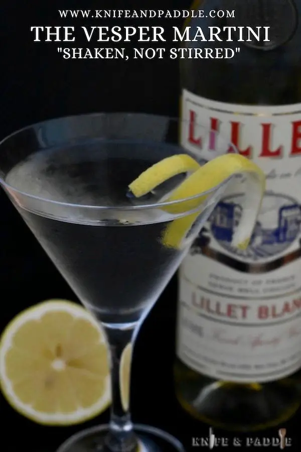 Vodka, gin and Lillet Blanc in a cocktail glass with a lemon twist
