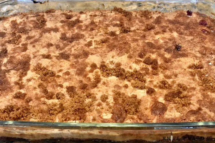 pie filling with extracts, white cake mix, melted butter and brown sugar baked in a 9x13 inch baking dish