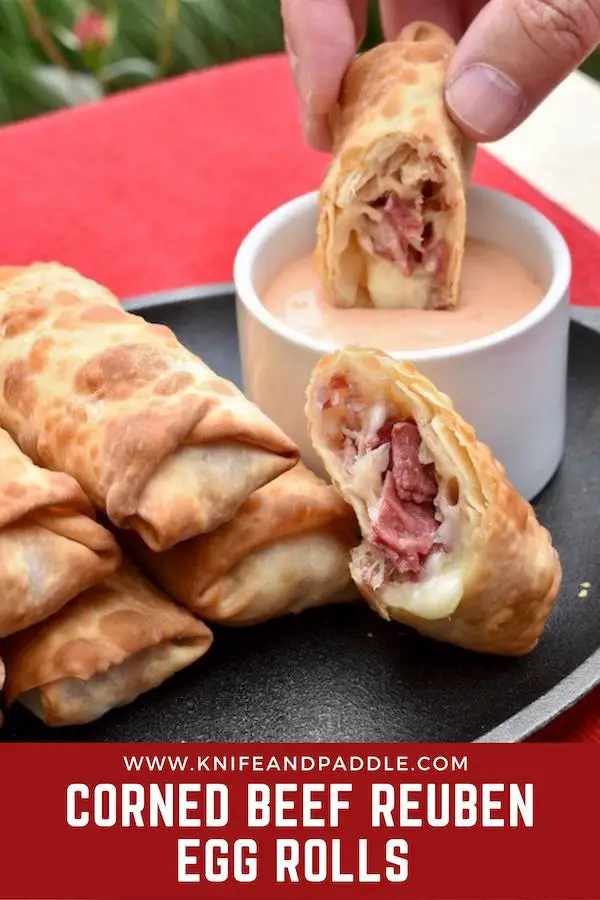 Corned Beef Reuben Egg Rolls dipped in Thousand Island Dressing 