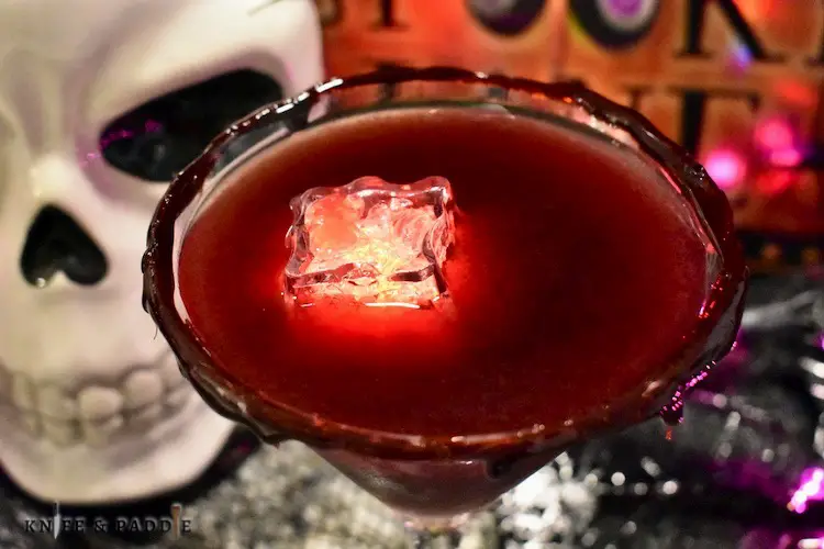 Dracula's Blood Cocktail in a blood dripped glass and an LED ice cube