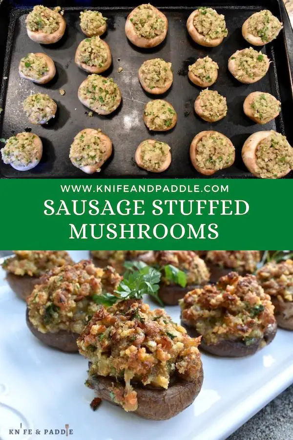 Sausage Stuffed Mushrooms on a baking sheet and cooked appetizers on a plate