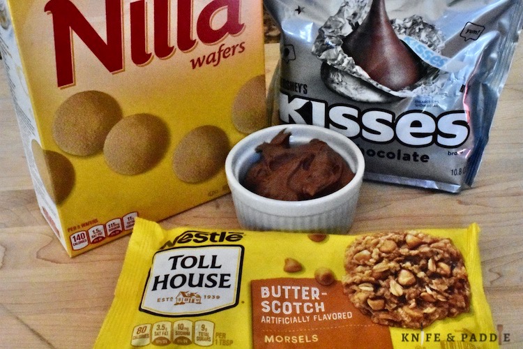Nilla Wafters, Hershey's Kisses, Chocolate Frosting and butterscotch chips 