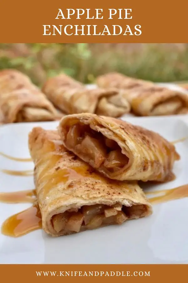 Apple Pie Enchiladas on a plate with caramel drizzle