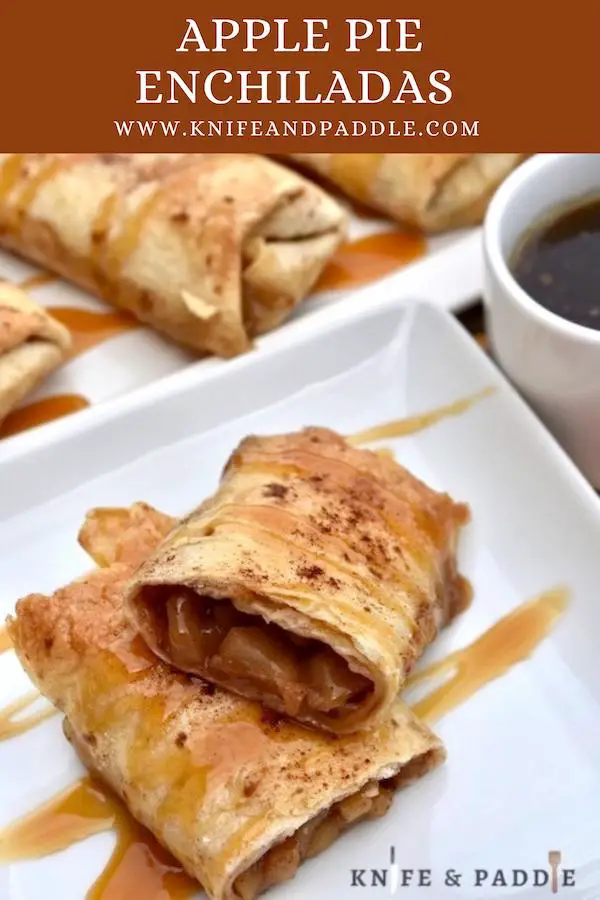 Apple Pie Enchiladas on a plate with caramel drizzle