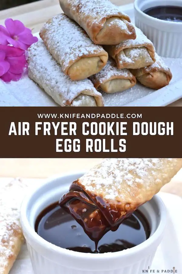 Air fryer cookie dough egg rolls covered with powdered sugar with a side of chocolate dipping sauce 