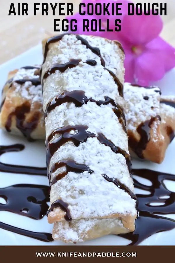 Pretty dessert on a plate drizzled with chocolate sauce and sprinkled with powdered sugar