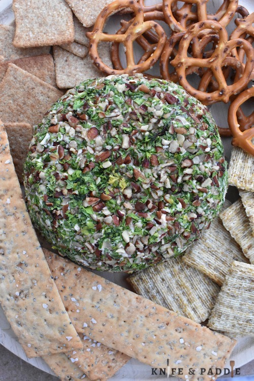 Cheese Ball Appetizer served on a plate with pretzels and crackers